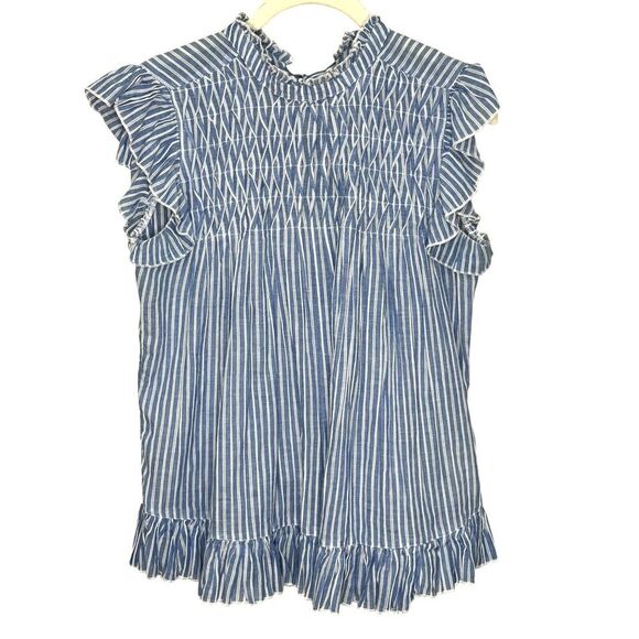 Anthropologie Blouse Size XS Vintage Charm Ruffled Peplum Blue Striped Flutter - Picture 4 of 9